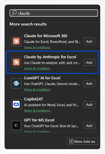 Excel add-in search results for "claude" listing Claude for Microsoft 365 and Claude by Anthropic for Excel above third-party add-ins